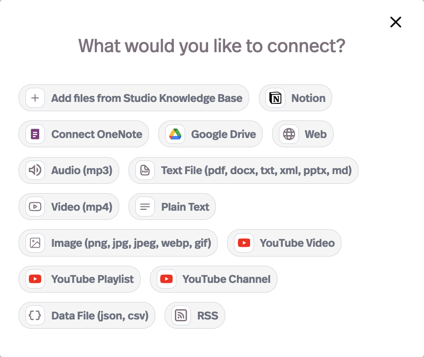 Pickaxe knowledge base add sources modal showing supported file types and integrations